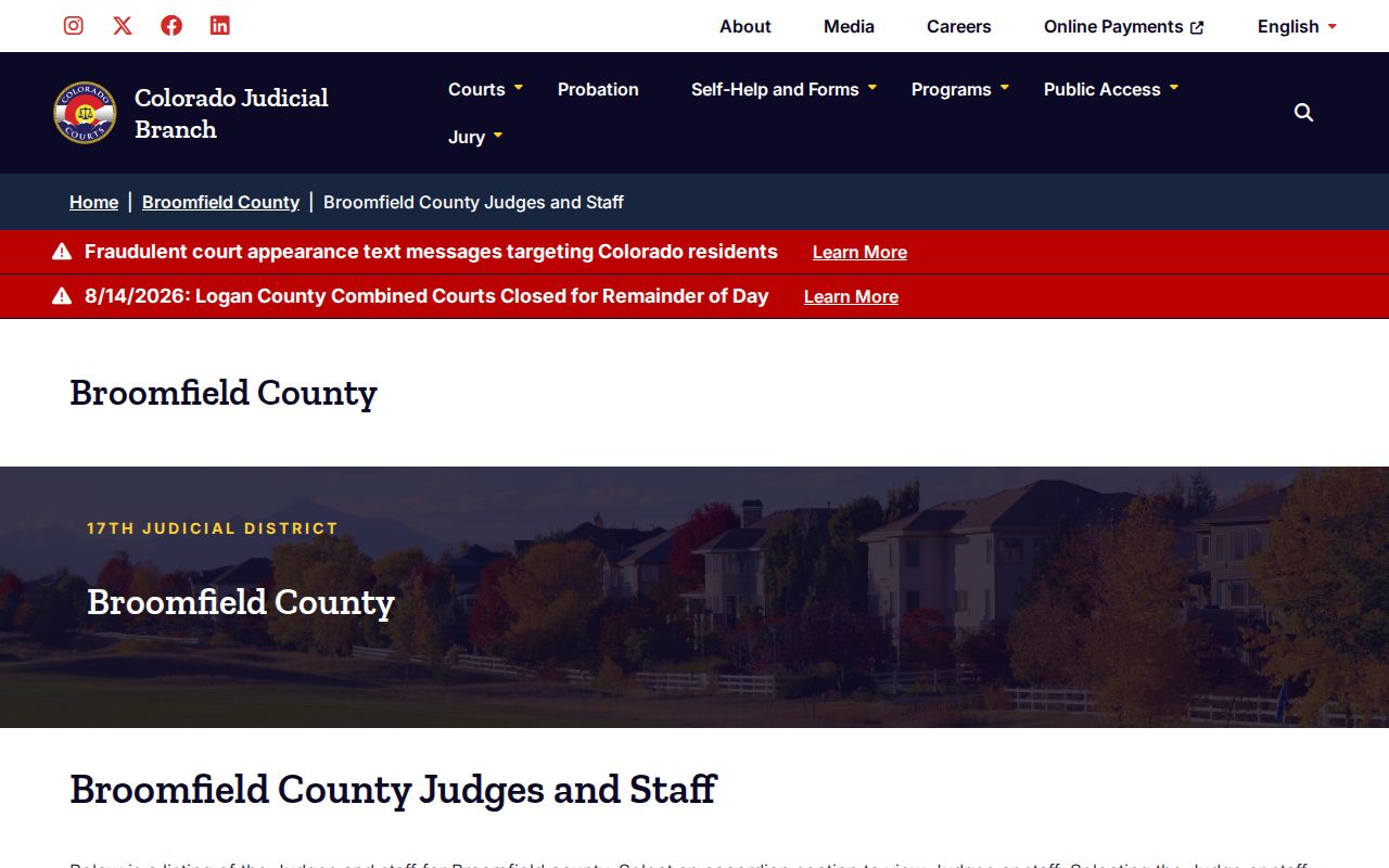 Broomfield County court calendar judges and staff directory