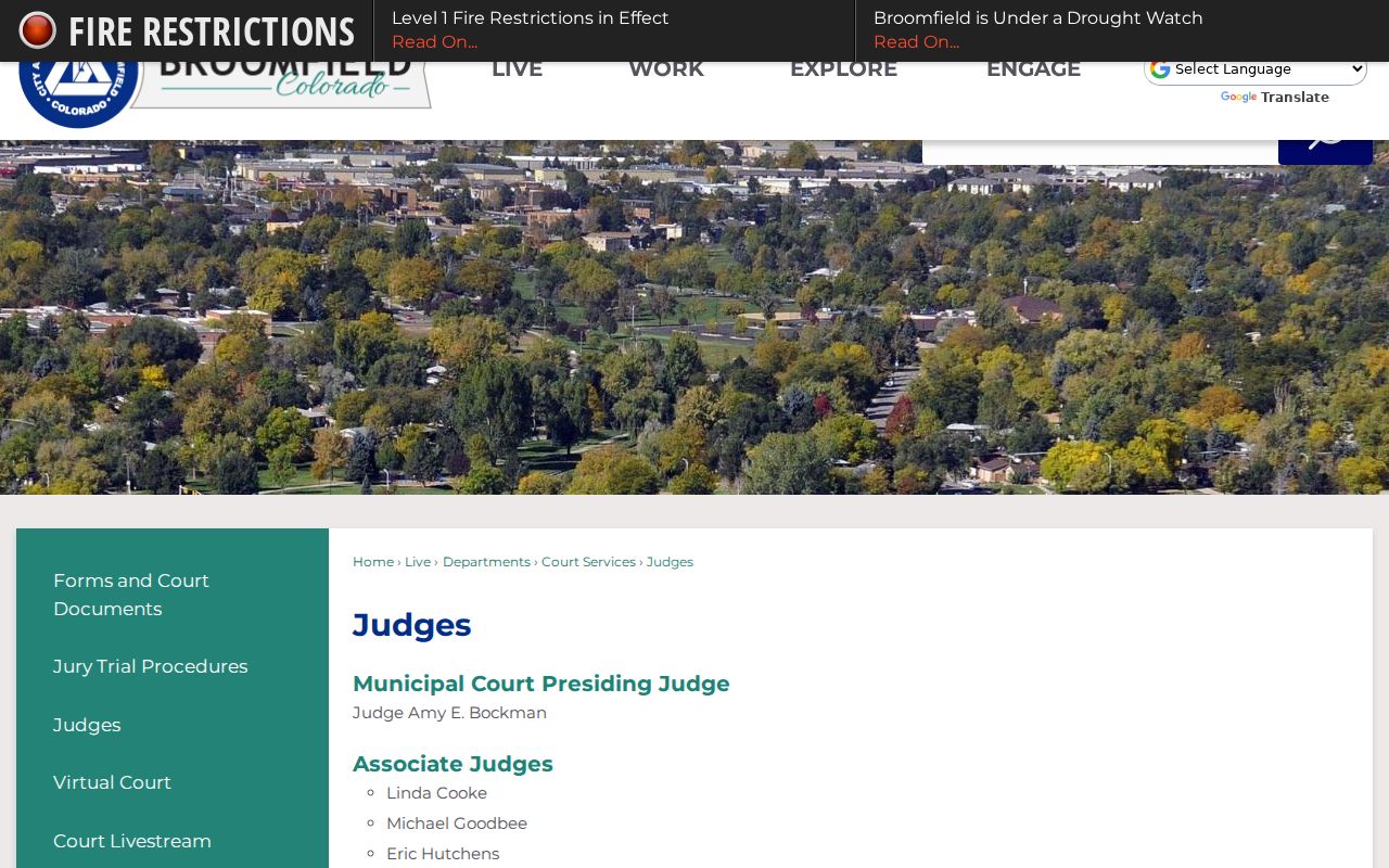 Broomfield County Municipal Court calendar judges page