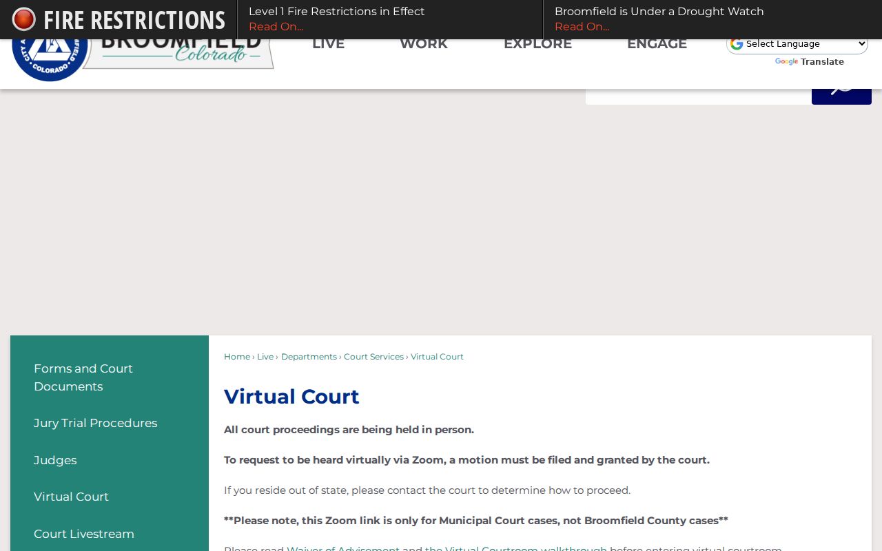 Broomfield County Municipal Court virtual court calendar information