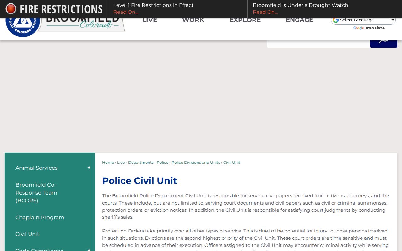 Broomfield County civil docket Civil Unit service page