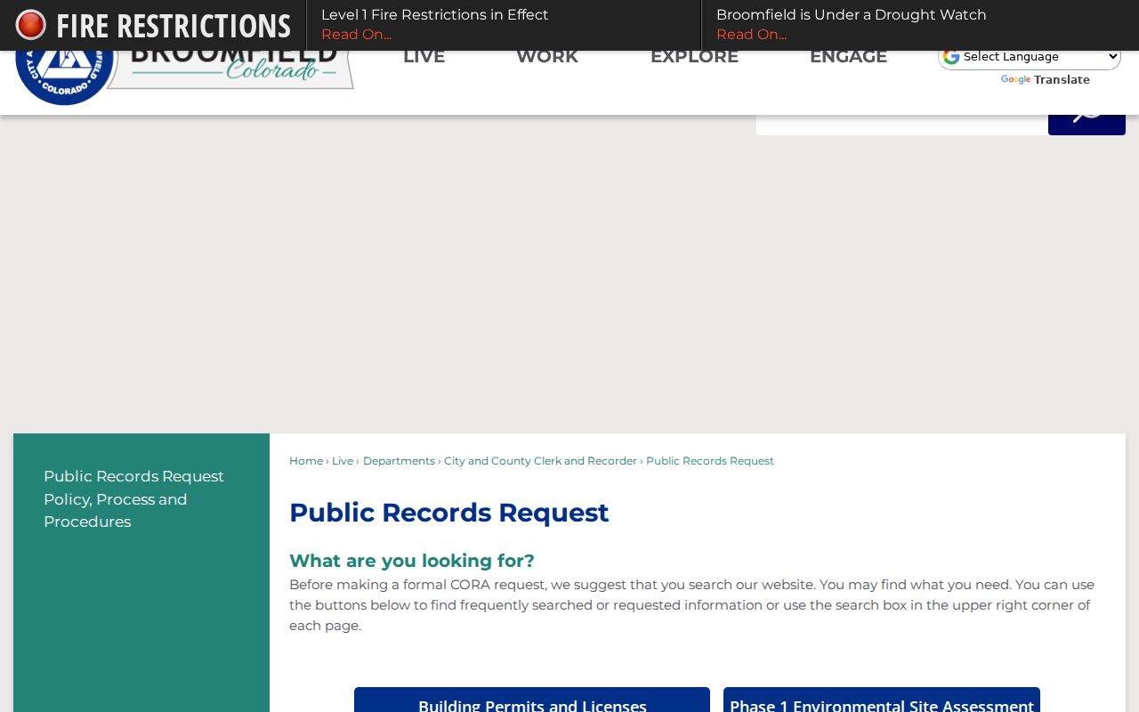 Broomfield County civil docket public records request portal