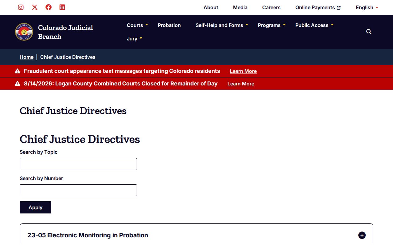 Broomfield County criminal docket Chief Justice directives index