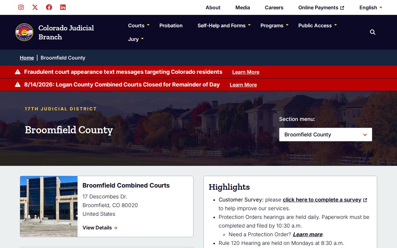 Broomfield County court docket access on the Combined Courts page