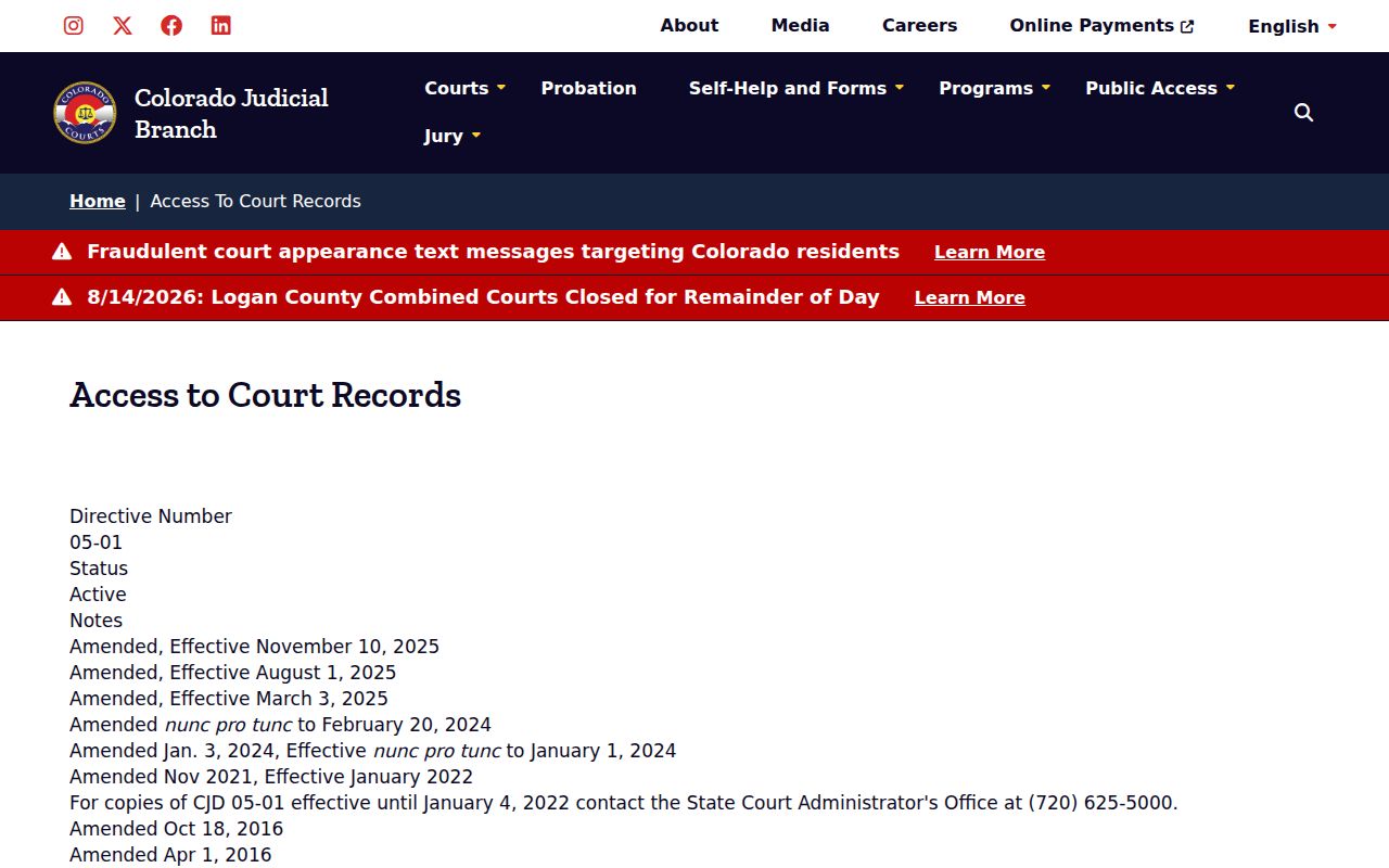 Broomfield County court docket access directive CJD 05-01