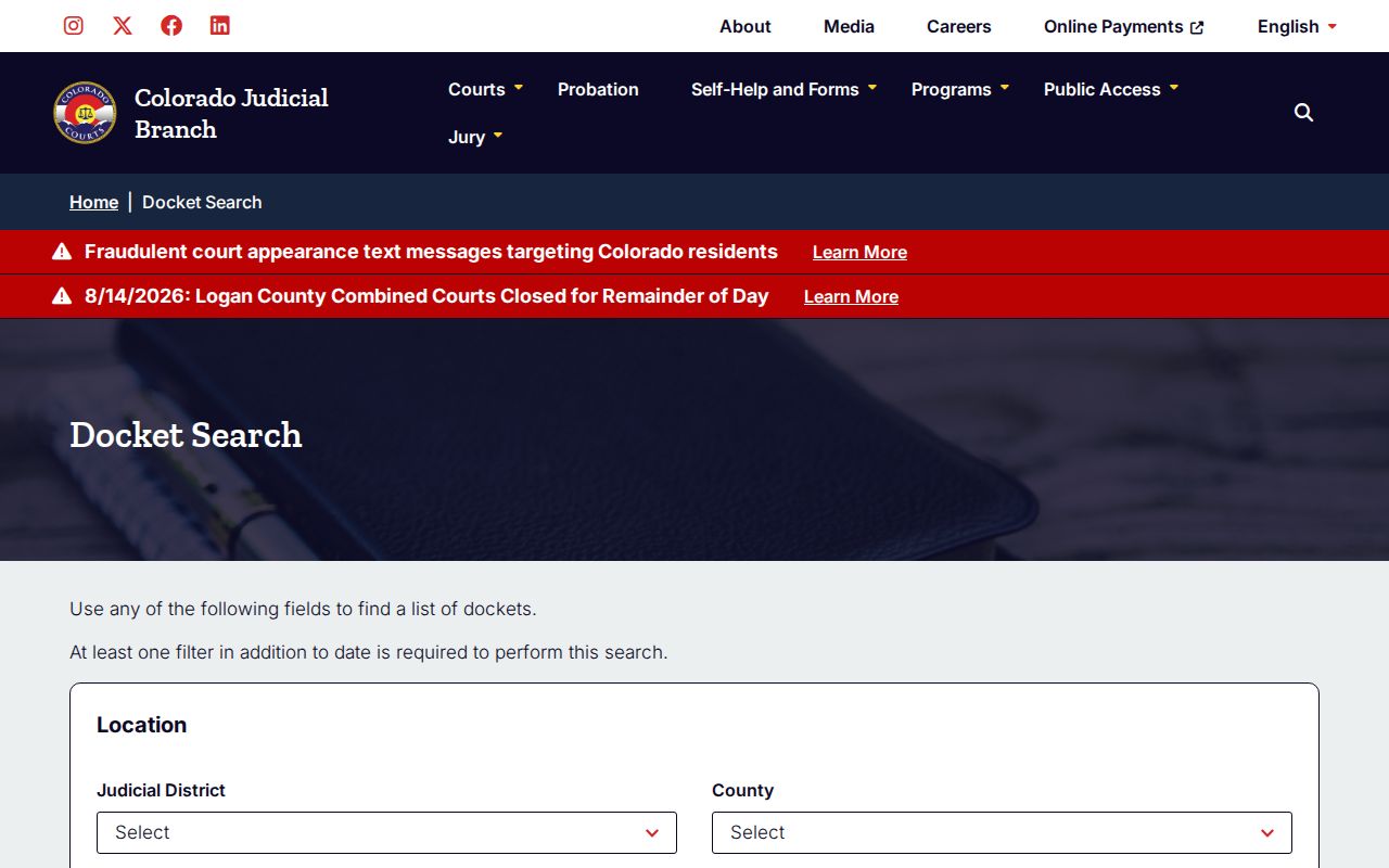 Broomfield County court docket search fields on the Colorado Judicial Branch site