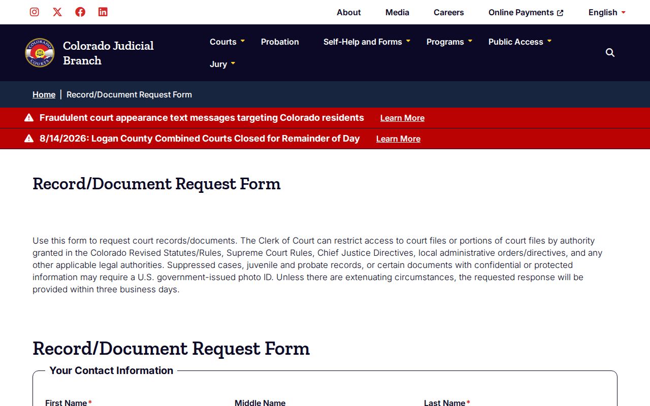 Broomfield County court record online request form