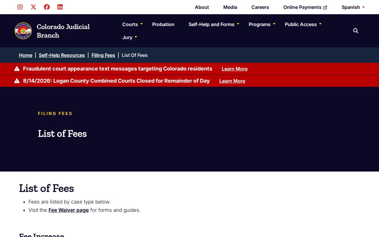 Broomfield County case lookup Colorado court filing fee information