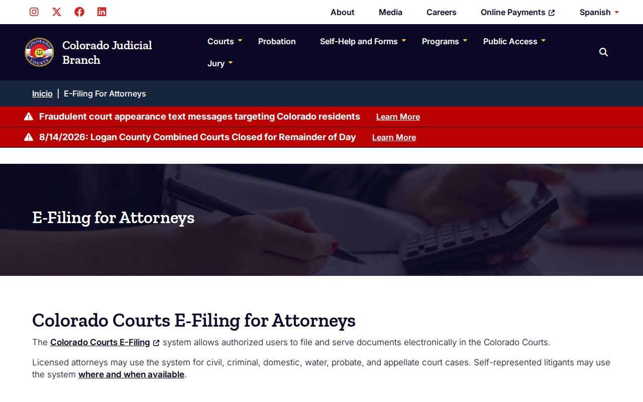 Broomfield County case lookup Colorado Courts E-Filing page