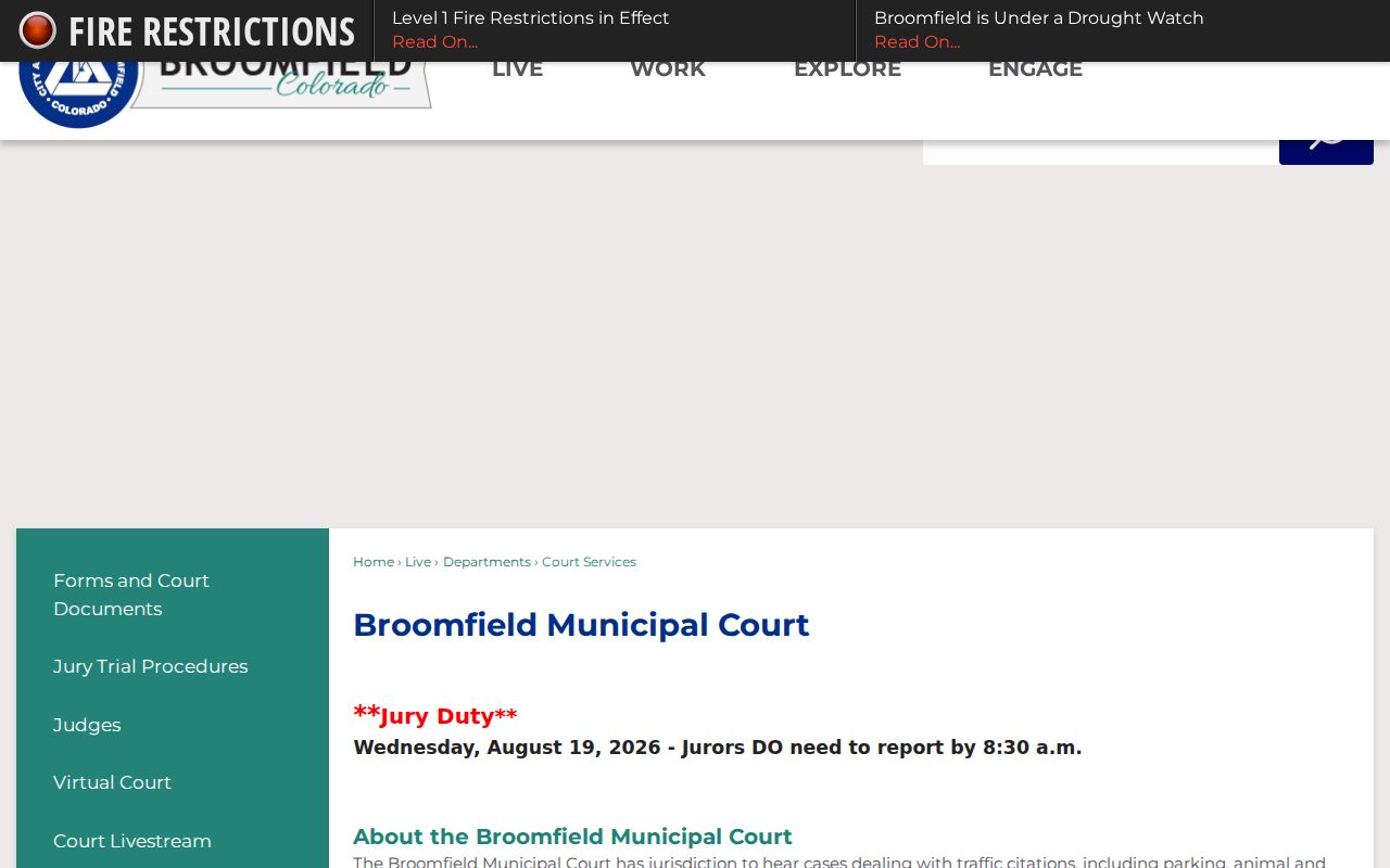 Broomfield County traffic ticket Municipal Court page